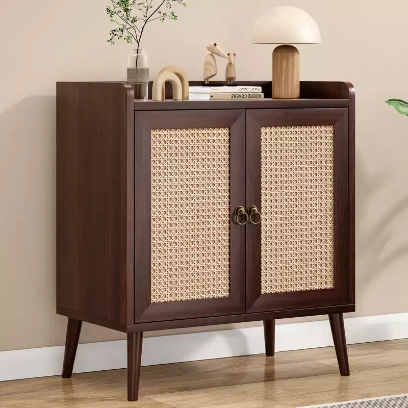 Rattan Sideboard Buffet Cabinet with Double Doors, Vintage Style for Dining Room, Living Room, Hallway