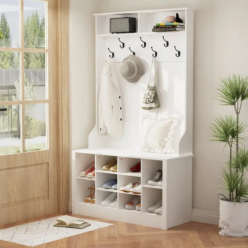 4-in-1 Hall Tree with Shoe Bench, White/Brown/Grey/Black, Seats 1