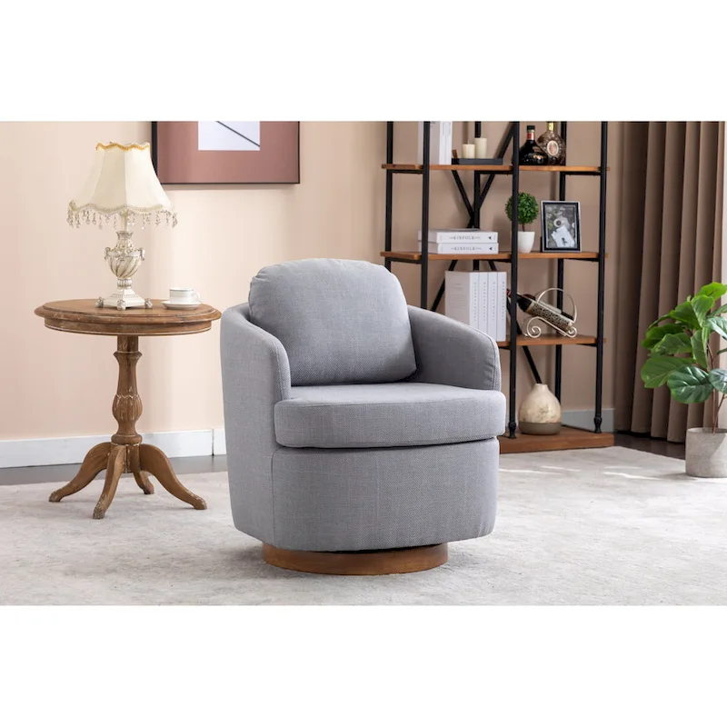 Light Blue Modern 30.3 Upholstered Swivel Accent Chair with Soild Wood Round Brown Base