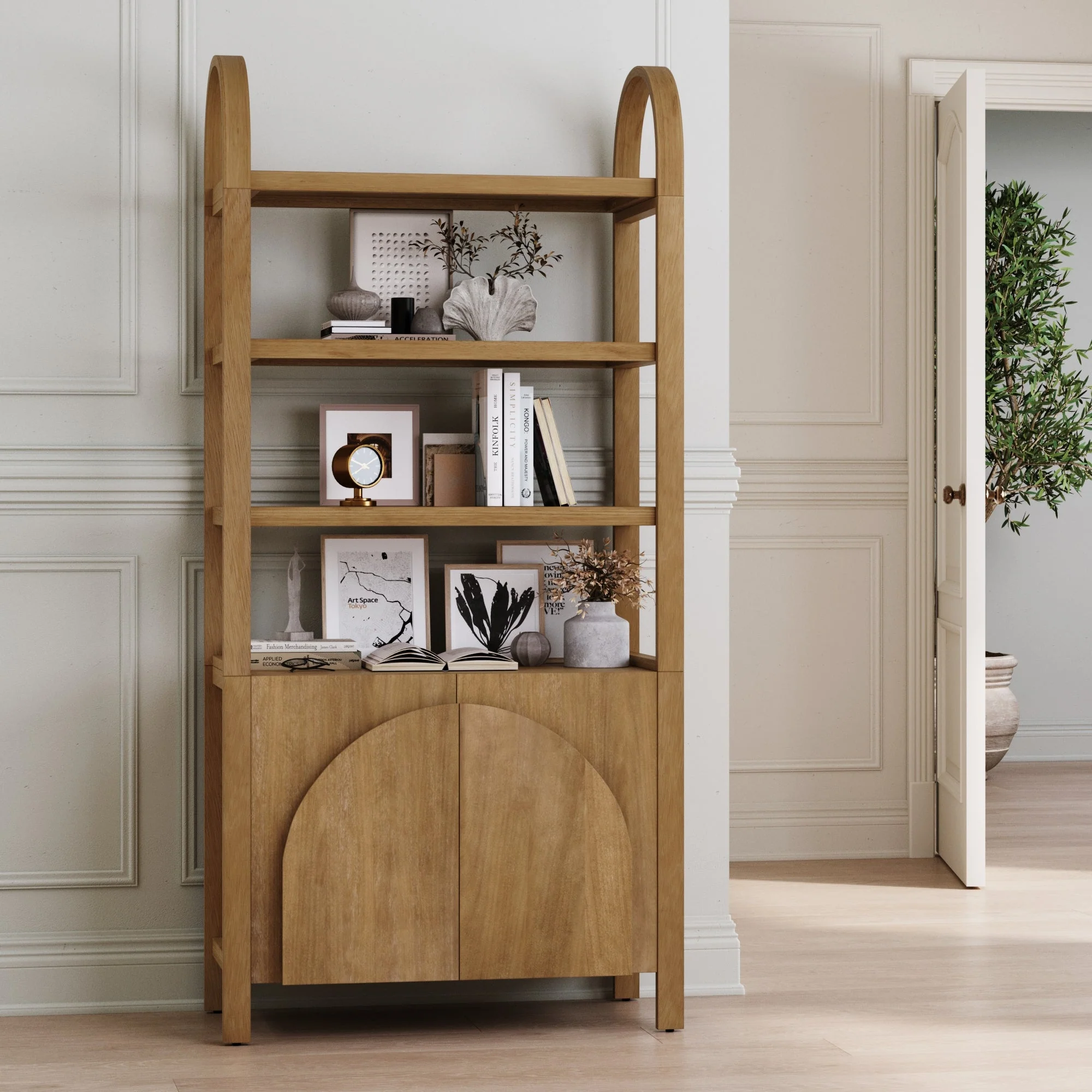 Mid-Century Arched Door Bookshelf with Doors Light Brown