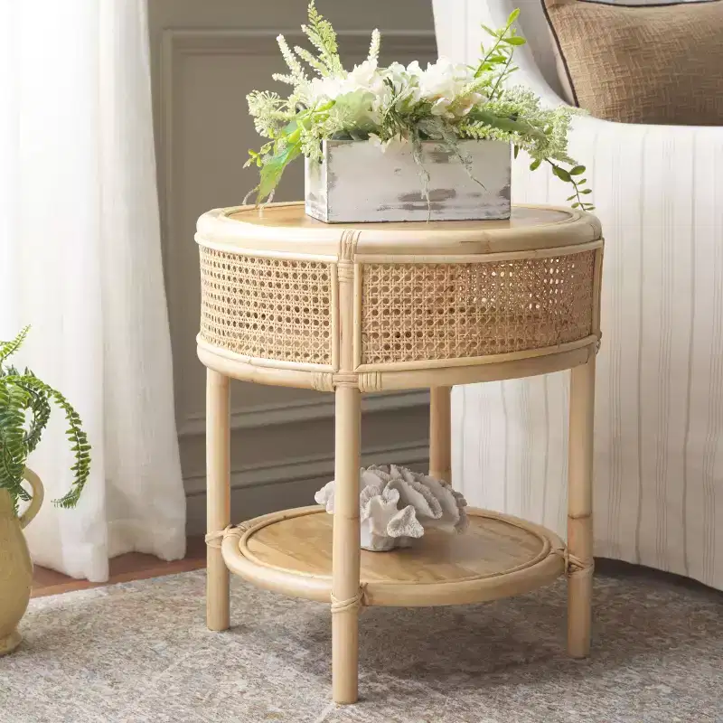 Round Rattan & Mango Wood Accent Table – Natural Coastal Style, 19.7