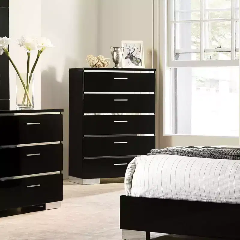 5 Drawer Chest with Glossy Finish, Wood Frame and Metal Glides