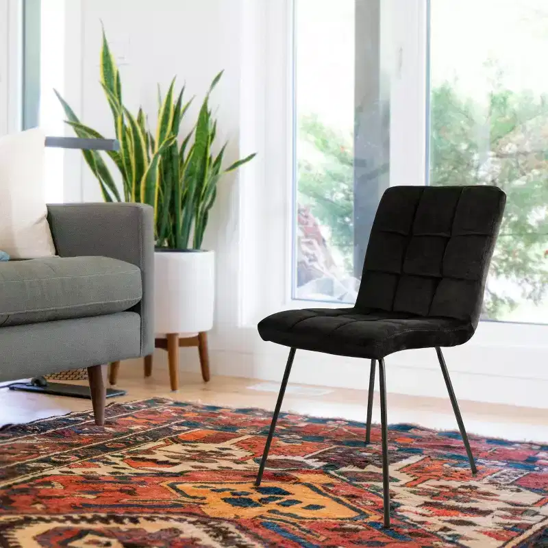 2 Piece Velvet Tufted Chairs in Black with Black Metal Legs