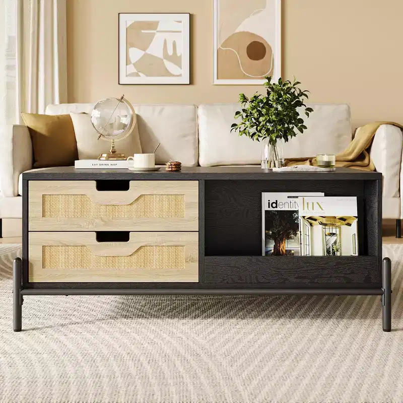 Rattan Mid Century Modern Coffee Table with LED Lights, 4 Drawers and Open Storage Shelf, Wooden Farmhouse Living Room Table