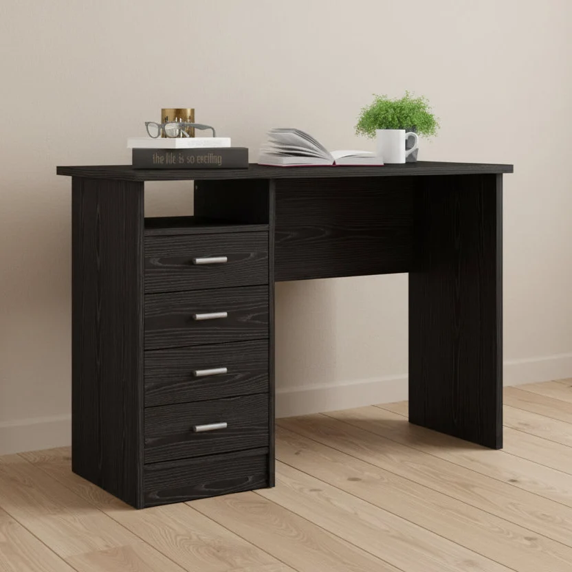 Desk with 4 Drawers Black Woodgrain
