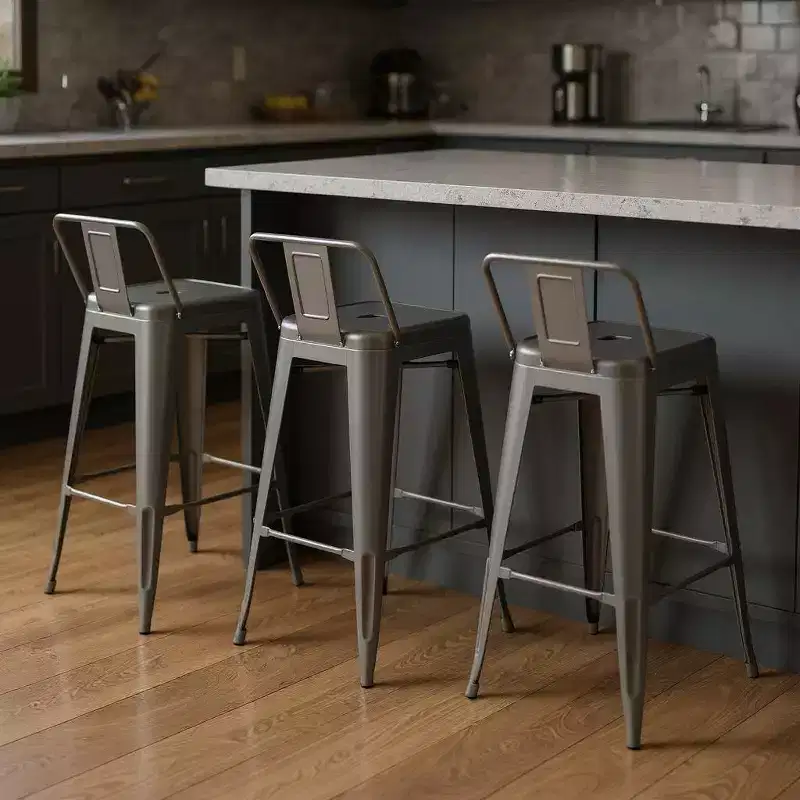 HomeRoots Set of Four 26 Gray Steel and Metal Low Back Counter Height Bar Chairs