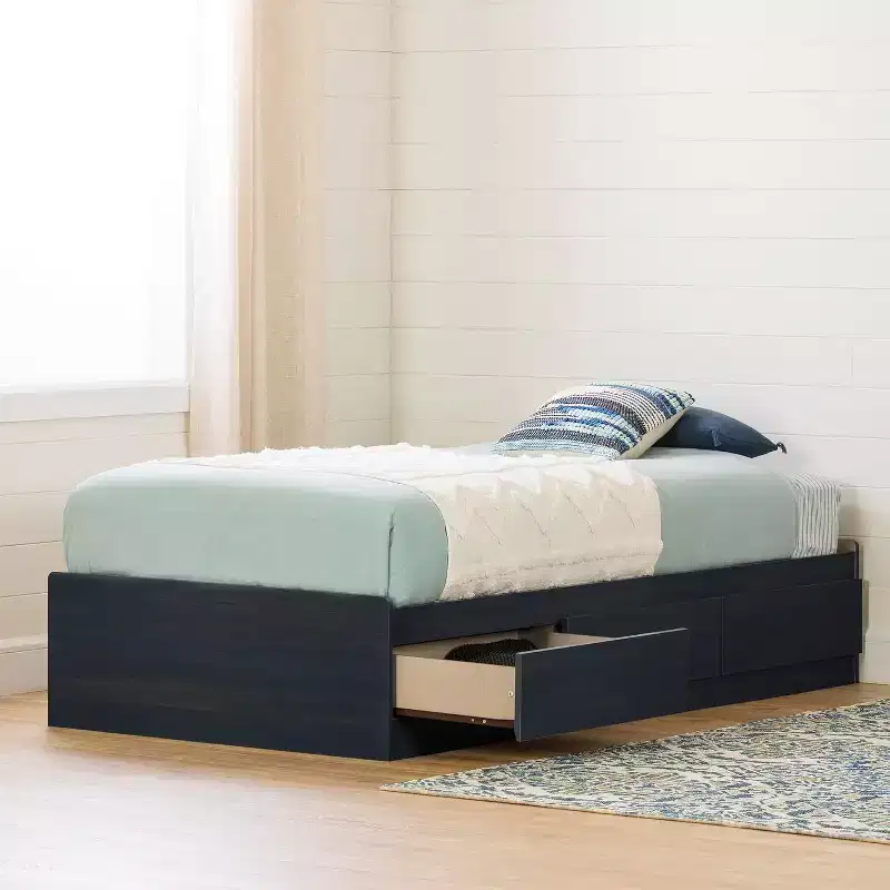 Twin Size Platform Storage Bed with 3 Drawers, Blue, 14.75