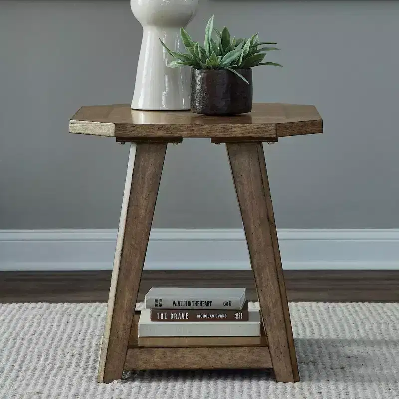 Octagonal End Table for Living Room, Amber Brown Oak