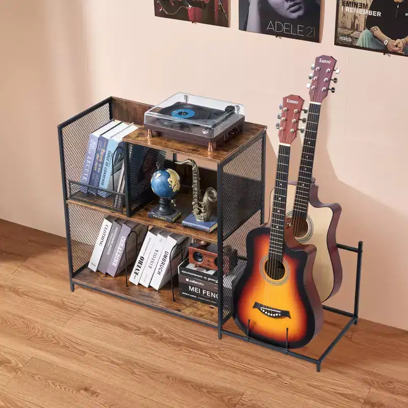 VEVOR 3-Tier Record Player Stand with Guitar Holder, Turntable Stand with Storage Holds Up to 300 Albums, Vinyl Record Cabinet with Metal Mesh Frame
