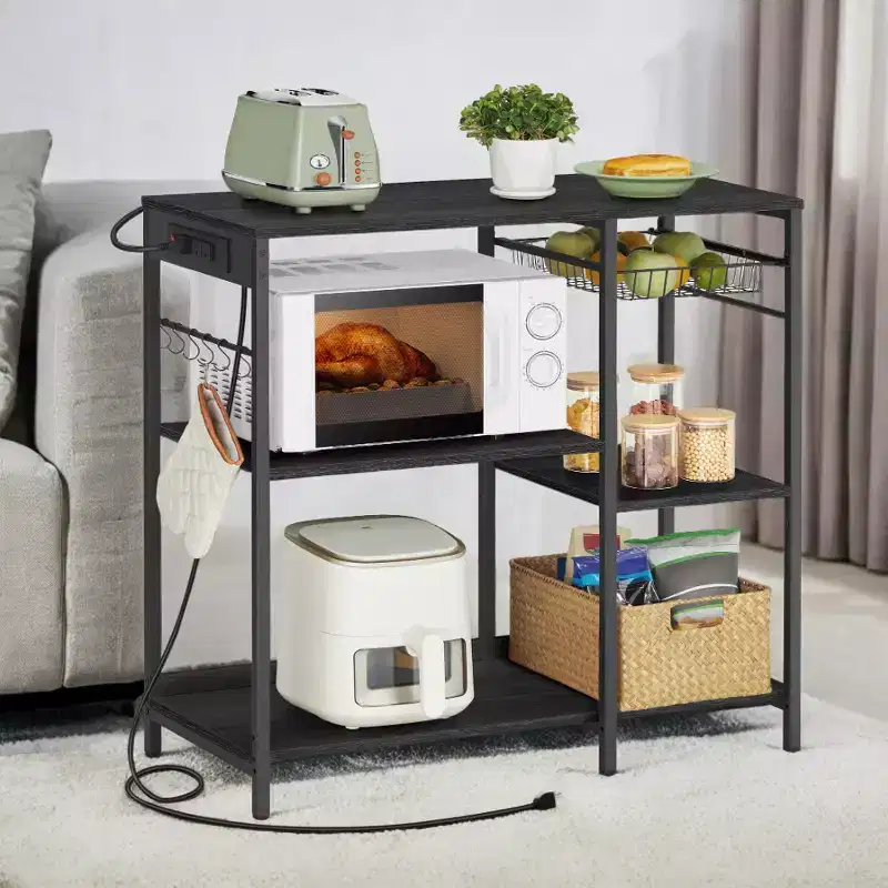 Baker's Rack Coffee Bar Stand with Charging Station, Pull-Out Wire Basket & Adjustable Shelves, 400 lbs