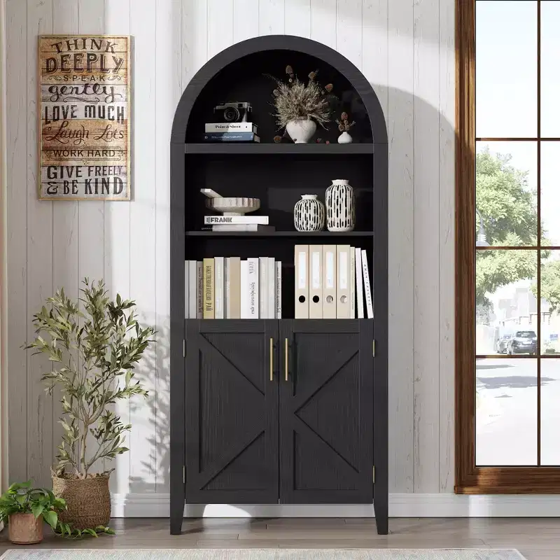 Arched Cabinet Bookshelf Black Arch Bookcase with Doors, Wooden Curved Book Case 5-Tier Tall Round Top Bookshelves for Living Room