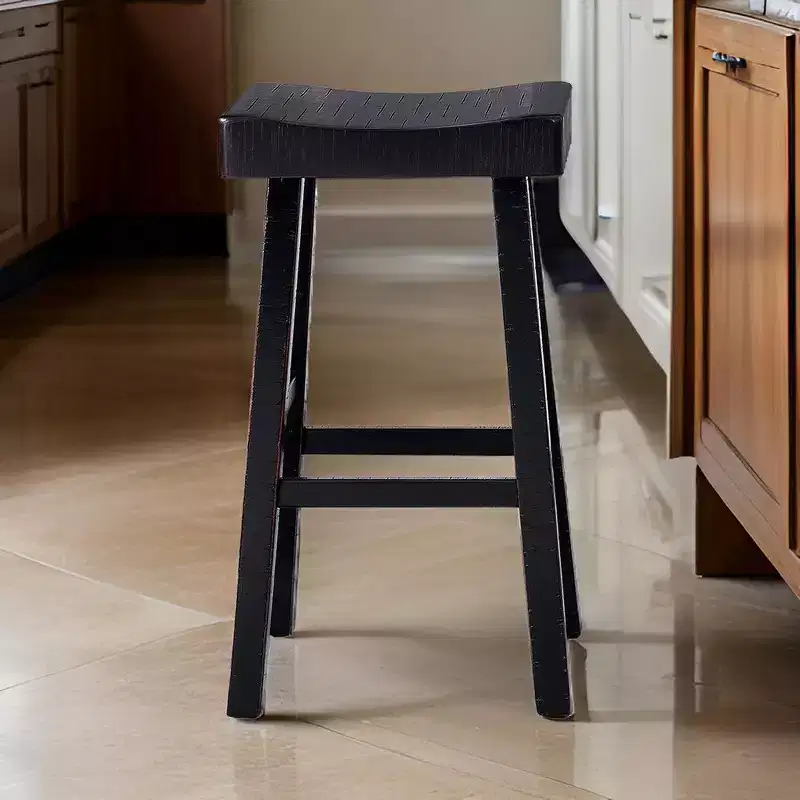 Royal Hampton Barstool Set of 2, Saddle Seat, Farmhouses Style Black Solid Wood