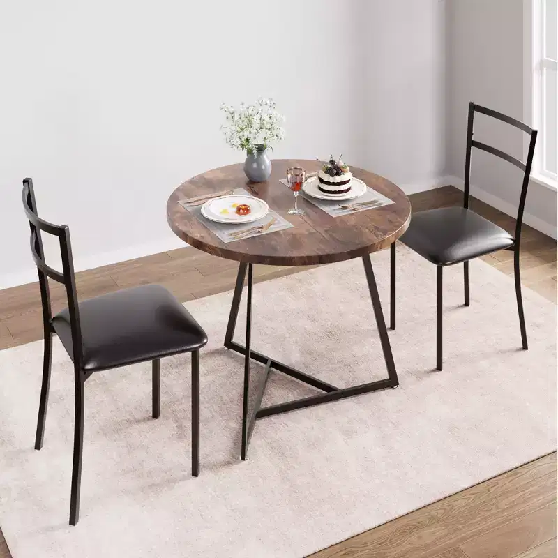 Dining Table Set for 2, Round Wooden Kitchen Table and Chairs, 2 Metal and Wood Chairs, for Small Space, Apartment