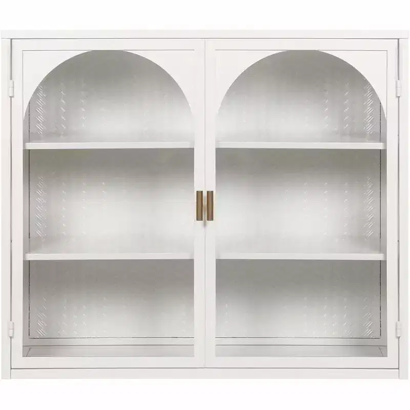 27.56 Double Glass Door Wall Cabinet, Kitchen Display Cabinet, Modern Minimalist Style, Three-Tier Storage, Iron & Tempered Glass, Easy Assembly