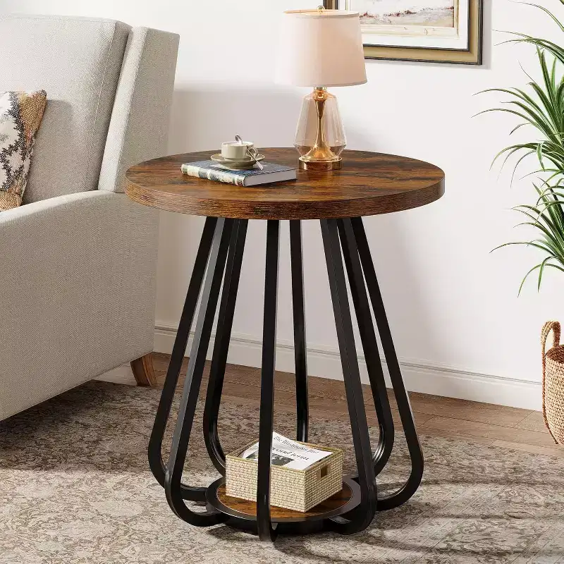 Lantine 2-Tier Small Round Side Table, with Metal Frame and Lower Shelf, End Table for Small Spaces, Living Room, Bedroom, Vintage Brown & Black