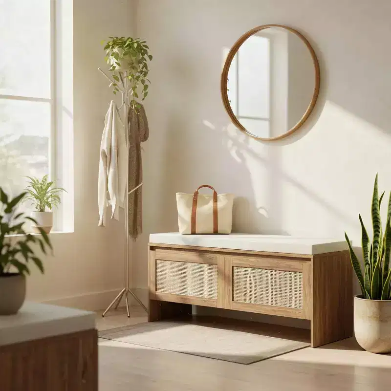 Homy Casa Woven Rattan Panel Storage Bench with Cushion Seat & Hinged Doors, Natural Oak