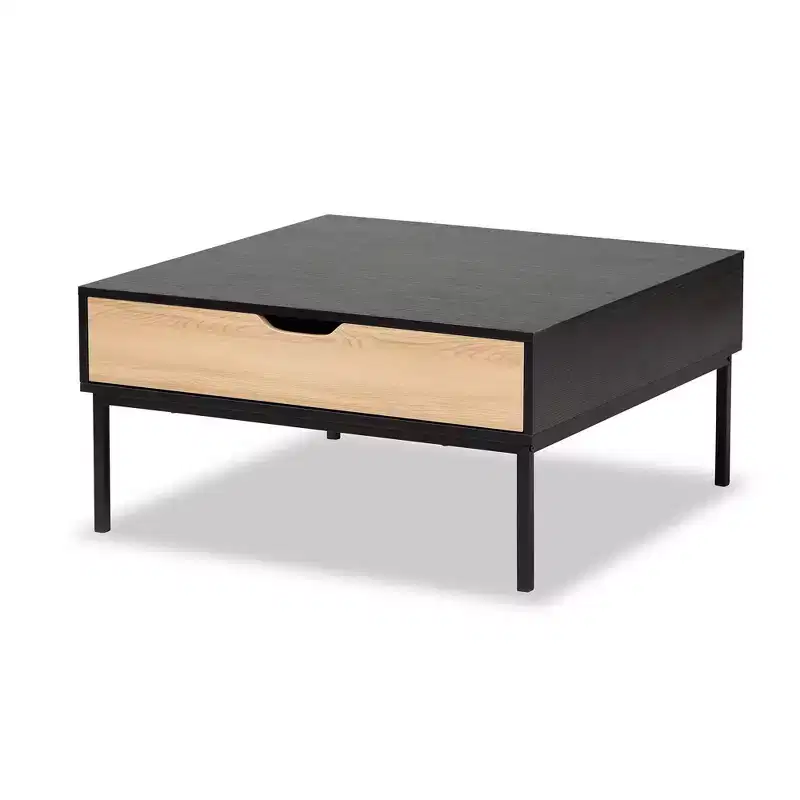 Haben Two-Tone Wood Coffee Table Oak Brown/Black - Baxton Studio: Industrial Square Design, Open Shelf, Drawer, Living Room