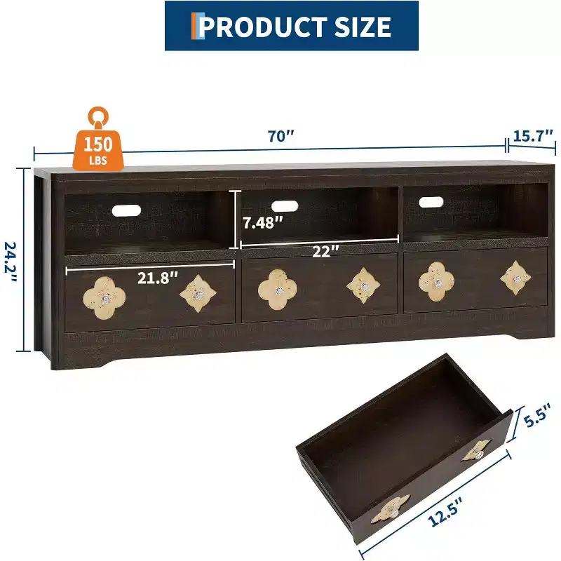 70in TV Stand for TVs Up to 85, Mid Century Modern Entertainment Center with Storage Engraving Drawer and Open Shelves, for Living Room, Bedroom