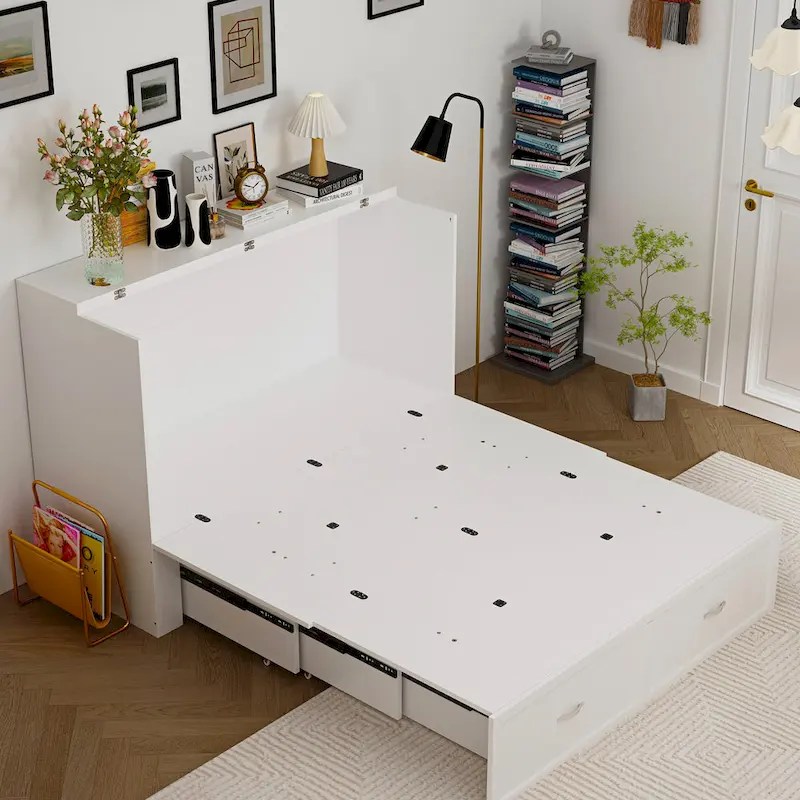 Modern Wood Full Murphy Bed Chest in White Finish Dresser 2-1 Cabinet