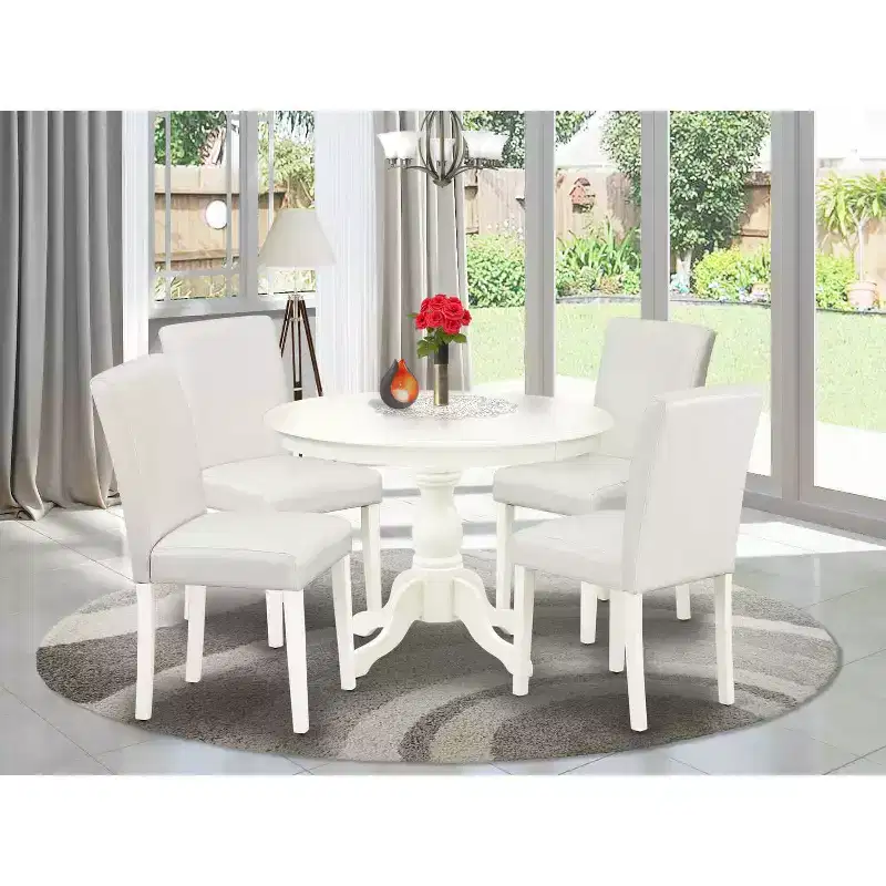 HomeStock 5-Pc Linen White Finish Solid Wood Top Dining table with 4 White Faux Leather Upholstered Parson Chairs