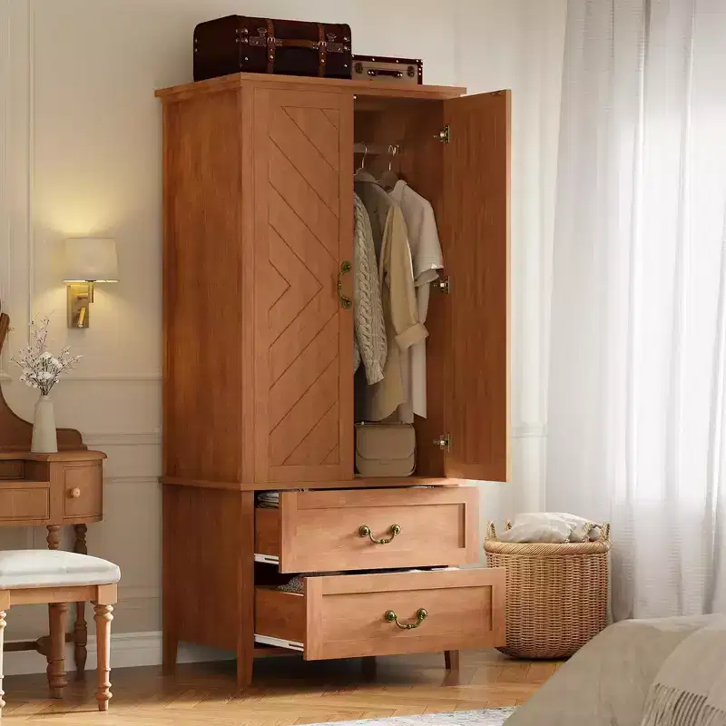 Wood Freestanding Armoire Wardrobe 71''H with 2 Doors & Hanging Rod
