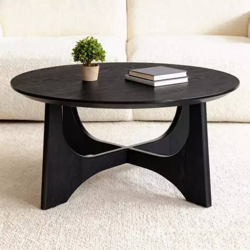Homy Casa Round Coffee Table with Sculptural Base for Living Room or Lounge, Black