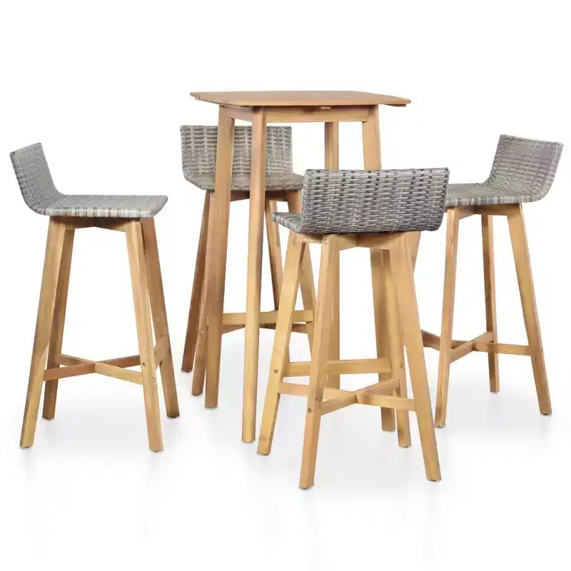 vidaXL 5-Piece Patio Dining Set  Solid Acacia Wood and PE Rattan  Indoor/Outdoor Bar Table and Chairs  Brown and Light Gray