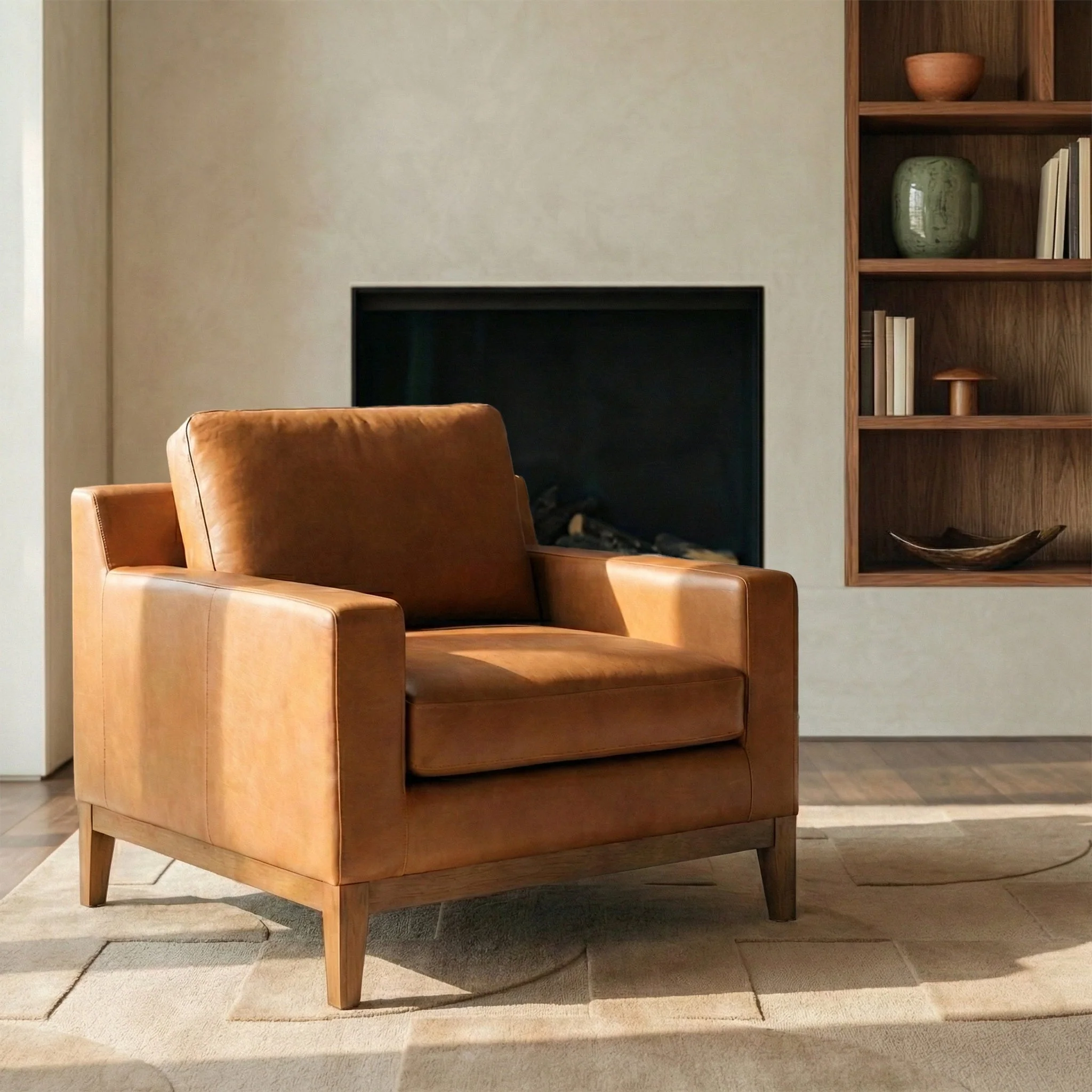 Modern Saddle Tan Leather Lounge Chair with Kiln-Dried Wood Frame