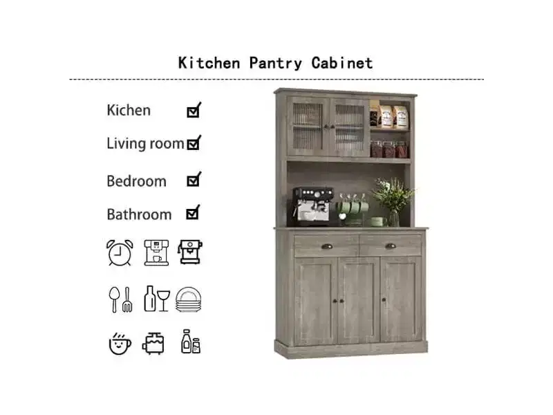 71 Wood Kitchen Pantry Storage Cabinet, Freestanding Buffet Hutch with Microwave Stand, Coffee Bar, 2 Drawers, 5 Doors & Shelves for Dining Room