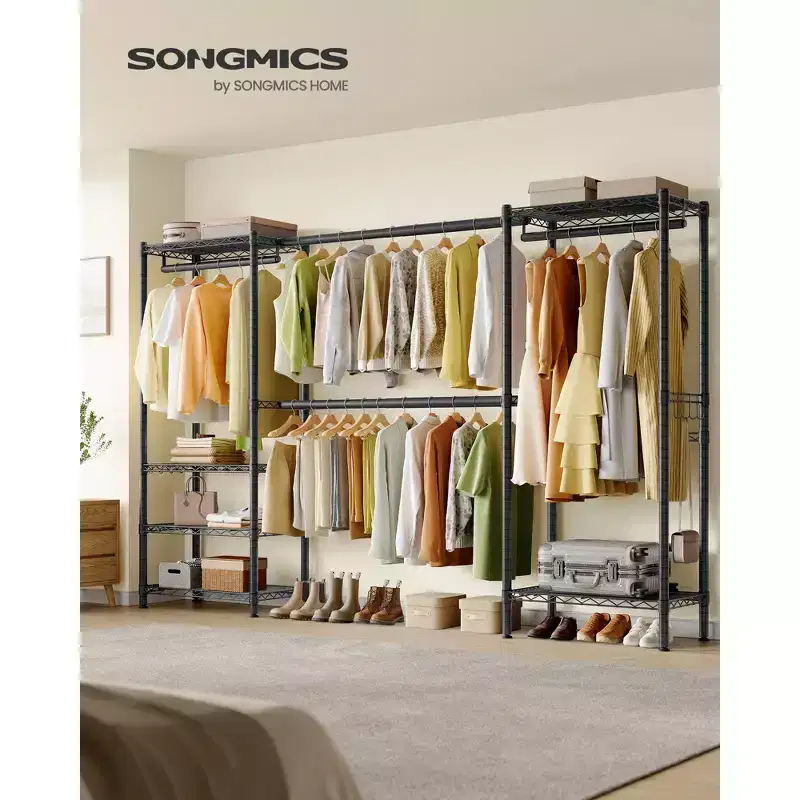 SONGMICS Heavy-Duty Clothes Rack, Extendable Garment Rack, Portable Closet with Adjustable Mesh Shelves and Hanging Rails, Hooks