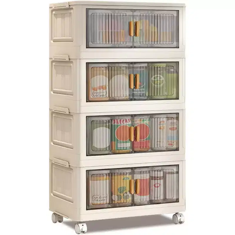 Acekool 31.5 Foldable Storage Bins with Lids, 4 Tier Stackable Organizer with Magnetic Doors and Wheels for Living Room