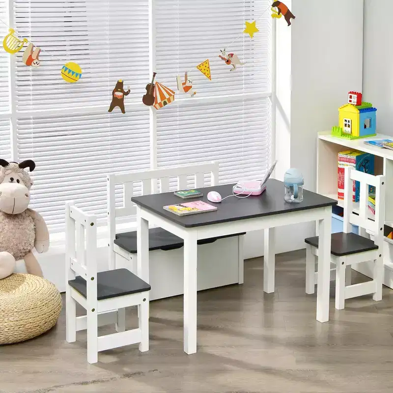 Costway 4 PCS Kids Wooden Activity Table & Chairs Set w/Storage Bench Study Desk Natural\Grey