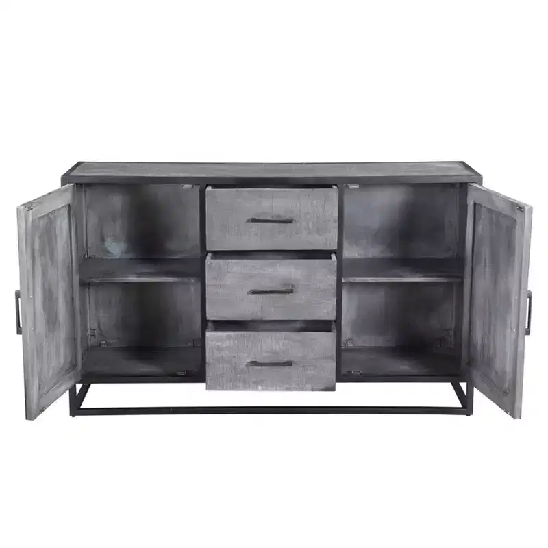 Raven Mango Wood Sideboard Gray: Metal Frame, 3 Drawers, 2 Doors