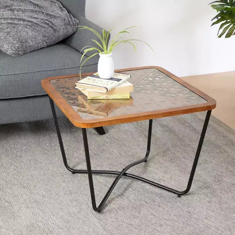 23-inch Modern Square Coffee Table Tempered glass tabletop with geometric cutout pattern Suitable for living rooms Black-brown
