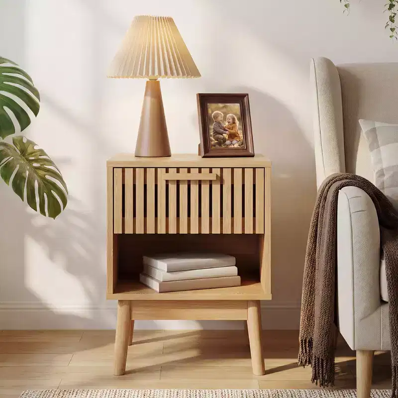 Boho Nightstand with Drawer & Open Shelf – Compact Wood Bedside Table, Natural Oak