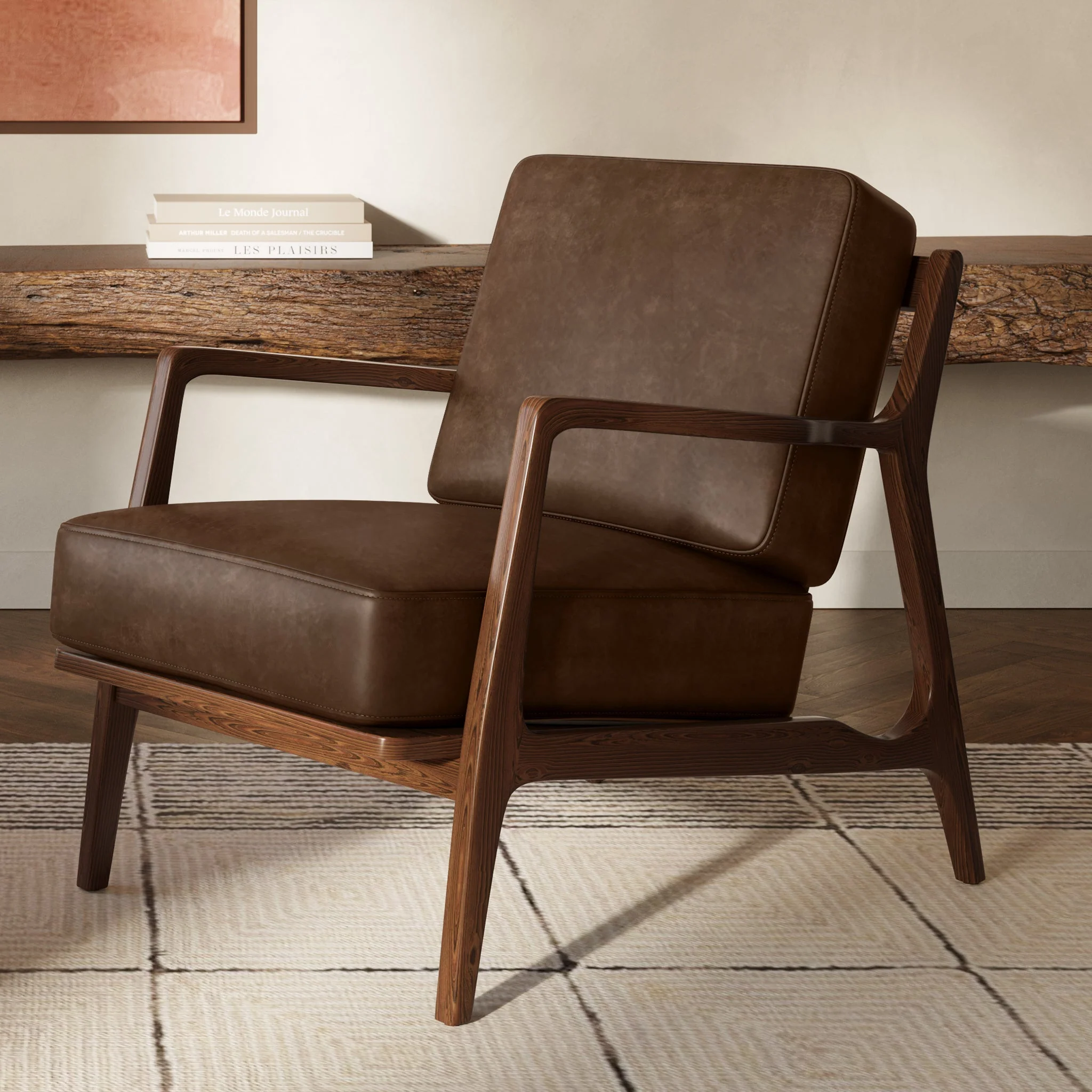 Modern Cocoa Brown Leather Lounge Chair with Kiln-Dried Wood Frame