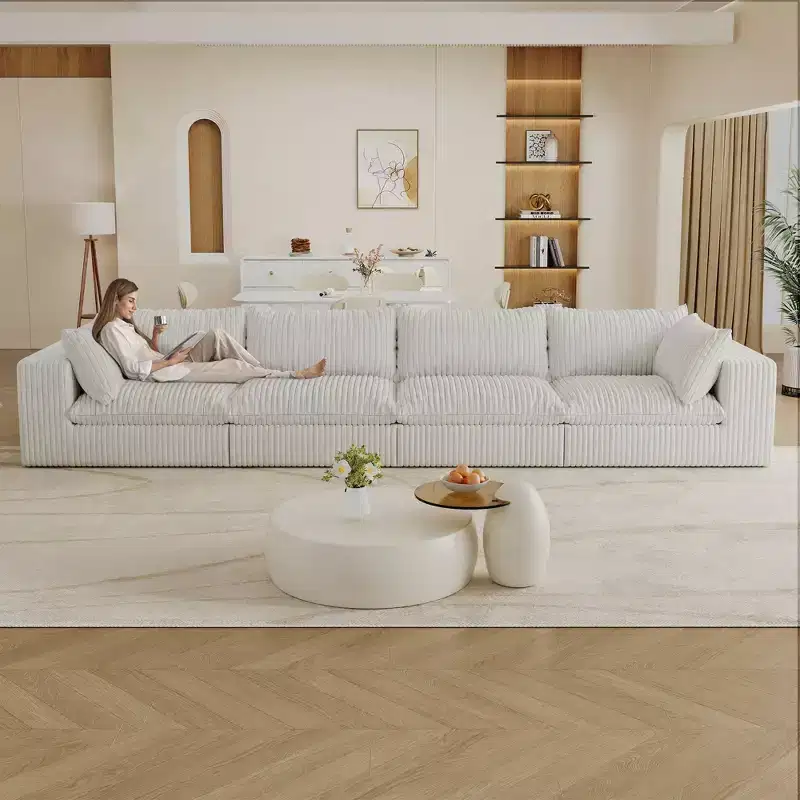 157.6 White 4 seats Corduroy Fabric Cloud Sofa Deep Seat Couches Double-layer design Removable Cushion No Assembly