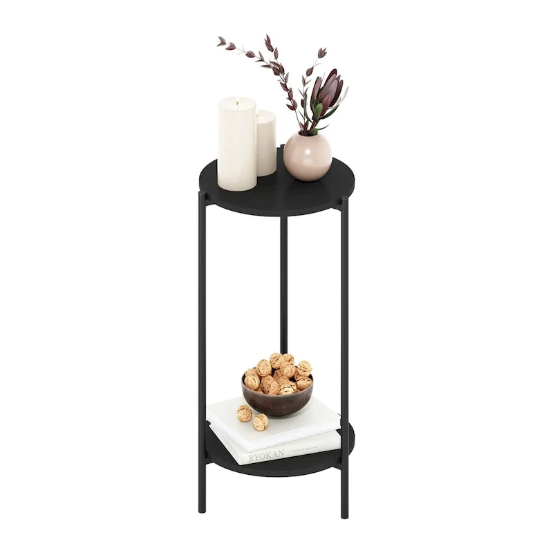 Furinno Besi 2-Tier Modern Tall Round Side End Table with Sturdy Metal Legs, Americano