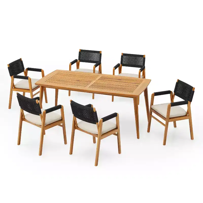 Christopher Knight Home Quinn 7 Pieces Patio Slat Design Acacia Upholstered Dining Set
