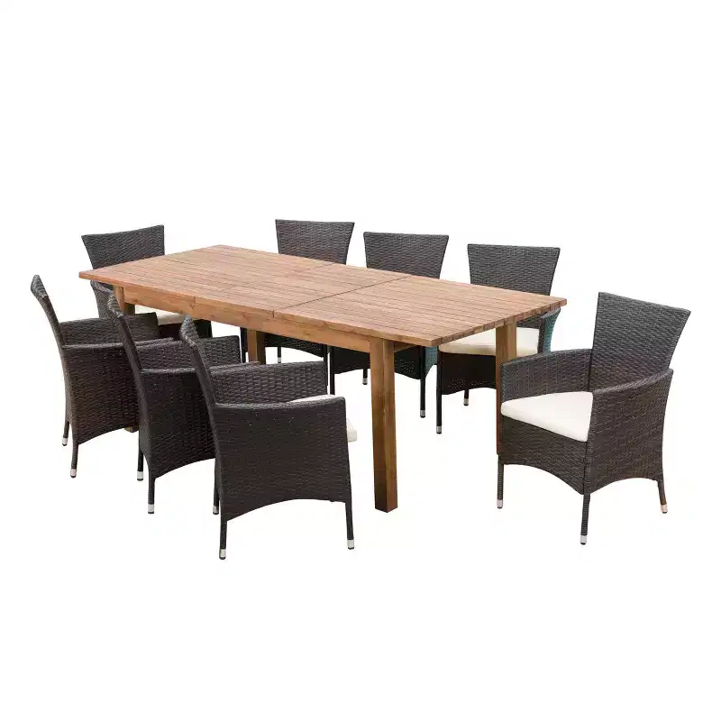 GDFStudio Kenerson Outdoor 9 Piece Wicker and Acacia Wood Dining Set with Expandable Dining Table, Teak/Multibrown