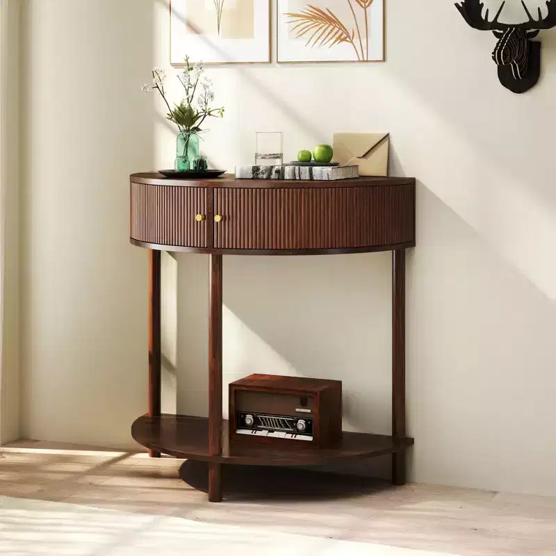 MDF Half-Moon Console Table with 3D Wave Drawers & Open Shelf 31.5''W x 32.3''H Brown