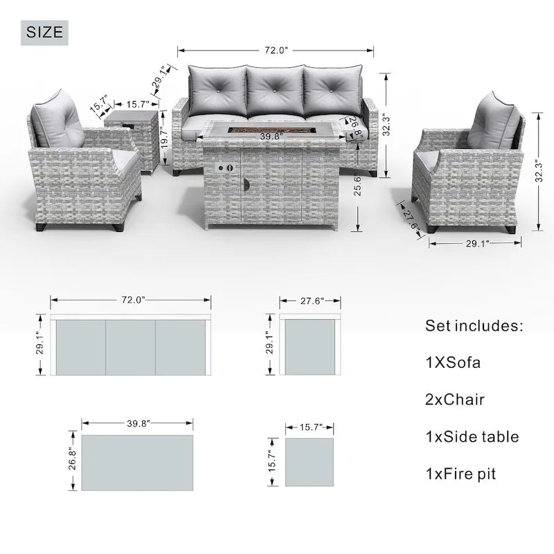 Abrihome 5-piece Wicker Patio Garden Furniture Sofa Set with Gas Fire Pit