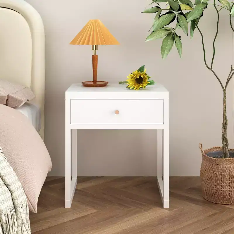Minimalist Nightstand with Drawer Storage, Round/Cylinder Profile, White