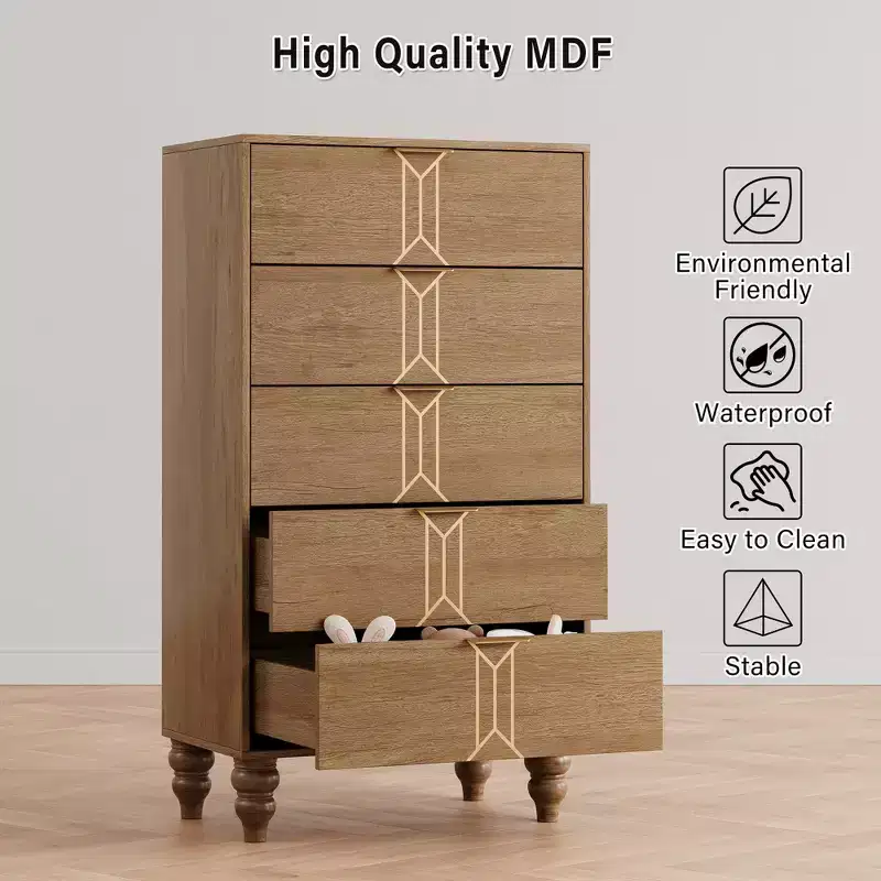 5 Drawers Dresser, Modern Wooden Tall Dresser with Deep Drawers, Chest of Drawers for Bedroom, Living Room, Hallway, Entryway