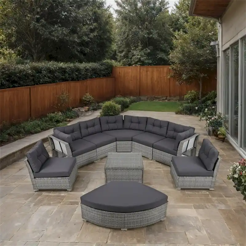 Patio Rattan Furniture Set with Cushions and Center Table