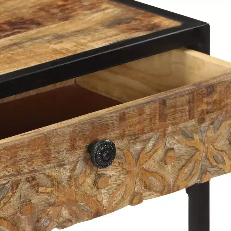 Solid Mango Wood Console Table with Carved Drawers & Steel Frame, 39.4