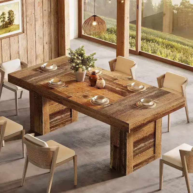 Lantine 63-Inch Farmhouse Dining Table for 6, Rectangle Wooden Kitchen Table with Heavy-Duty Legs for Family Meals, Dining Room, Rustic Brown