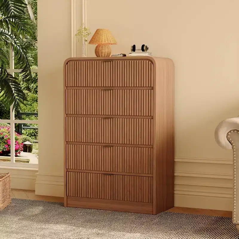 Fluted 5-Drawer Tall Dresser w/ Rounded Edges, Modern Walnut Wood Chest of Drawers, Freestanding Storage Cabinet for Bedroom & Living Room