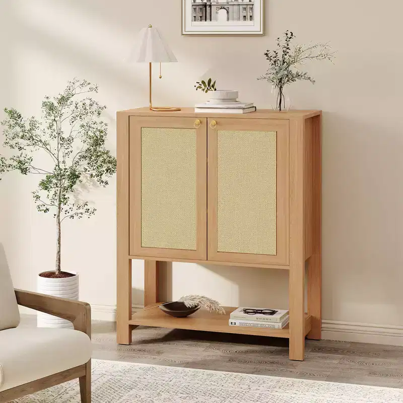 Rattan Shoe Cabinet for Entryway, Farmhouse 5 Tier Shoe Rack Freestanding Wood Storage Cabinet with Adjustable Shelves for Hallway Living Room