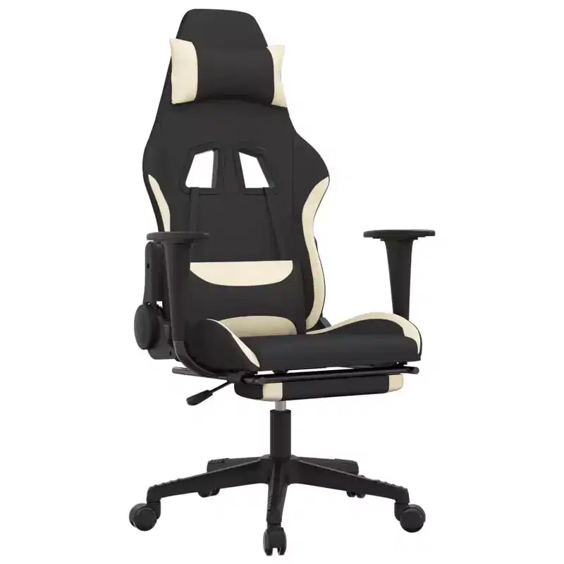 Massage Gaming Chair with Footrest - Black and Cream Fabric